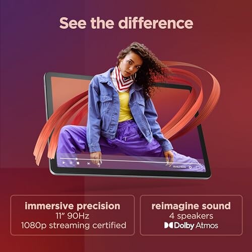 Promotional image of a tablet highlighting immersive display and Dolby Atmos sound.